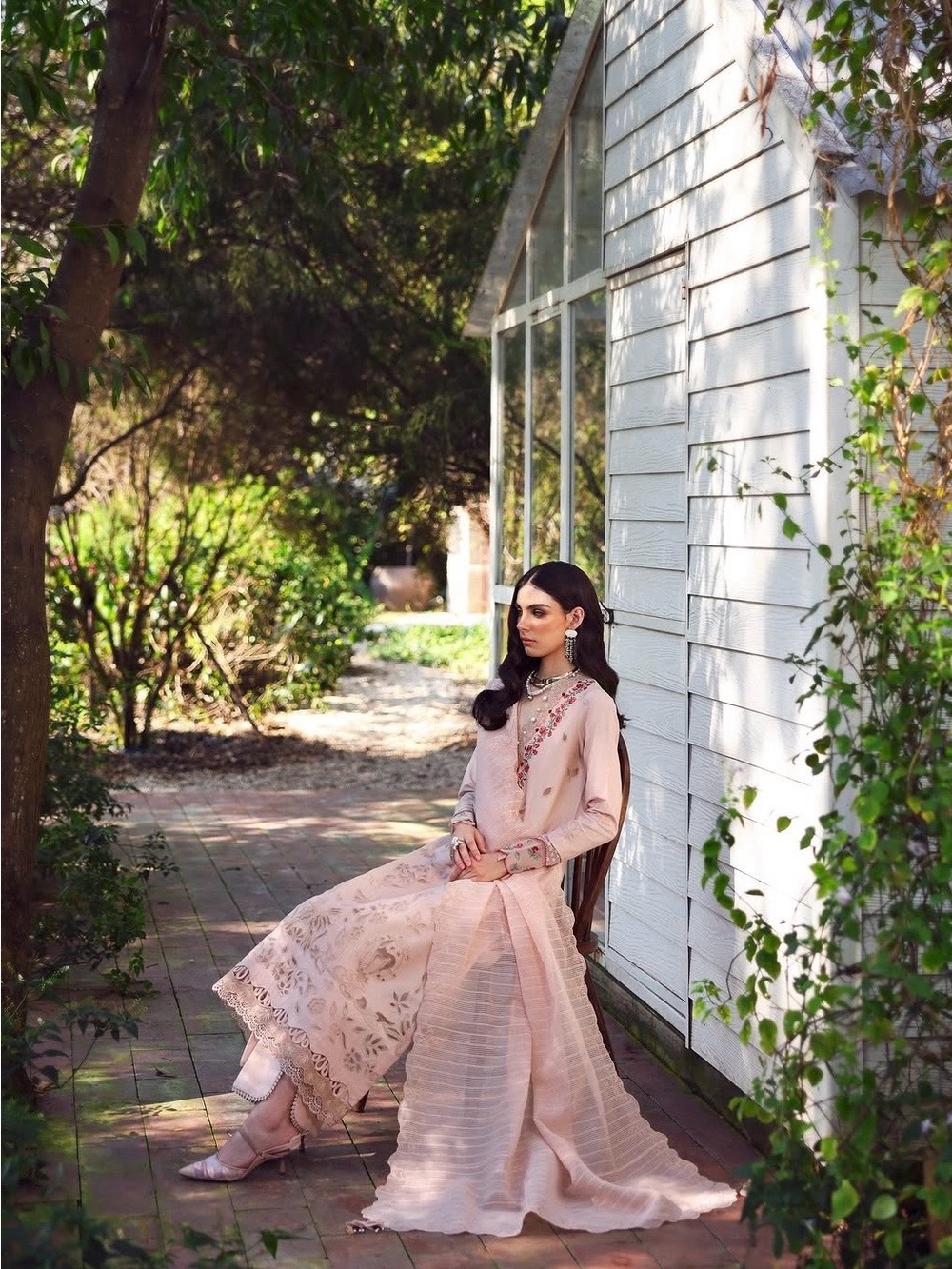 Blush Pink Embroidered Long-Sleeve Women's Dress